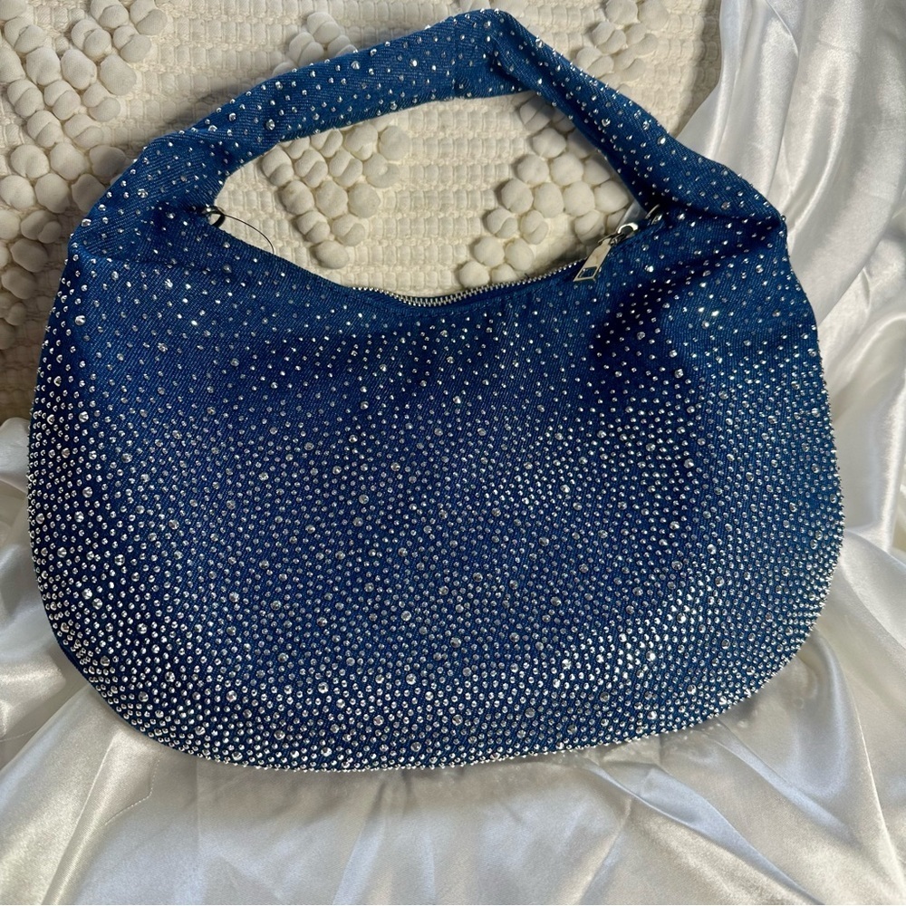 Rhinestone Denim Hobo Shoulder Bag – Sparkle Crossbody Purse Y2K NWT - Picture 6 of 11